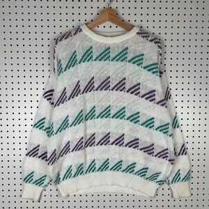 Aurea Vintage 90s Geometric Cotton Knit Sweater Womens Large White Purple Green